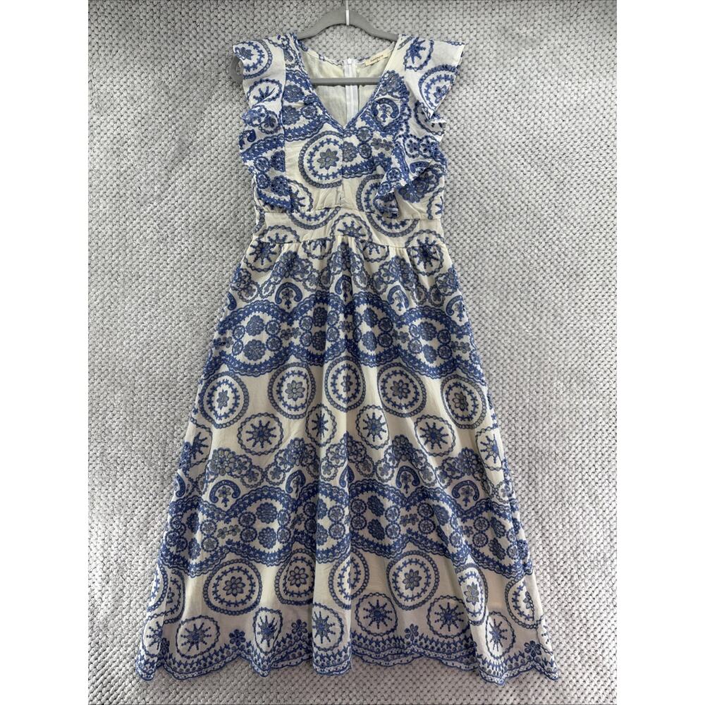 Sunday Up Midi Dress Womens M White Blue Eyelet Embroidery V-Neck Ruffle Sleeves